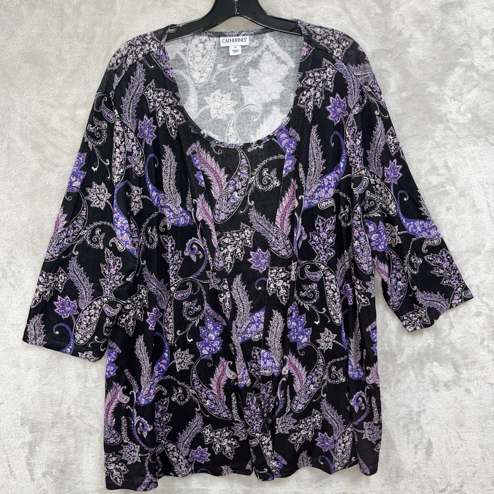 Catherines Top Women's 1X Whimsigoth Dark Feminine Paisley Black Purple Layered‎